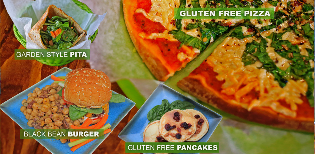 Featuring the Garden Style Pita, Black Bean Burger, Gluten Free Pancakes and Pizza